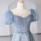 Light blue shiny elegant sweetheart neckline exquisite beading short sleeve long tulle ball gown evening dress graduation dress nv3785