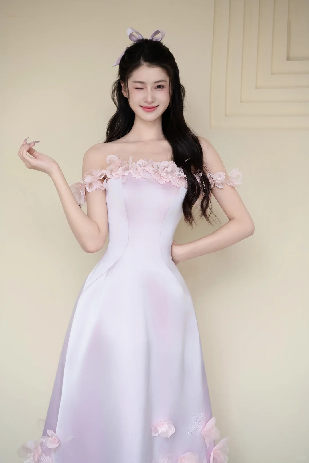 Off Shoulder Gradient Lavender Satin Evening Dress, 3D Pink Flower Petal Prom Gown  NV7433