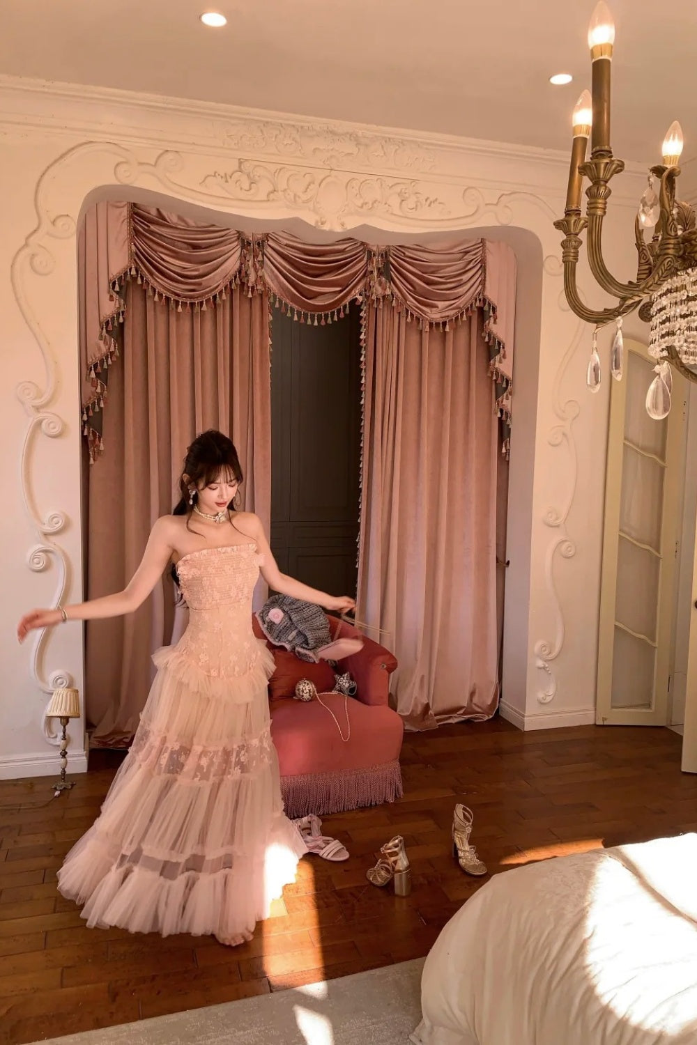 Robe de soirée longue en mousseline rose NV6745