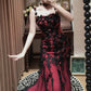 Robe gothique sans manches en dentelle rouge et noire à motif floral 3D, longueur au sol, modèle NV6189