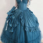 Light Blue Mysterious Vintage Fashion Elegant Long Satin Floor Length Ball Gown Evening Dress Party Dress nv4194