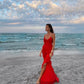 Red fashion spaghetti straps long Chiffon ruffled bodycon ball gown evening dress party dress nv3544