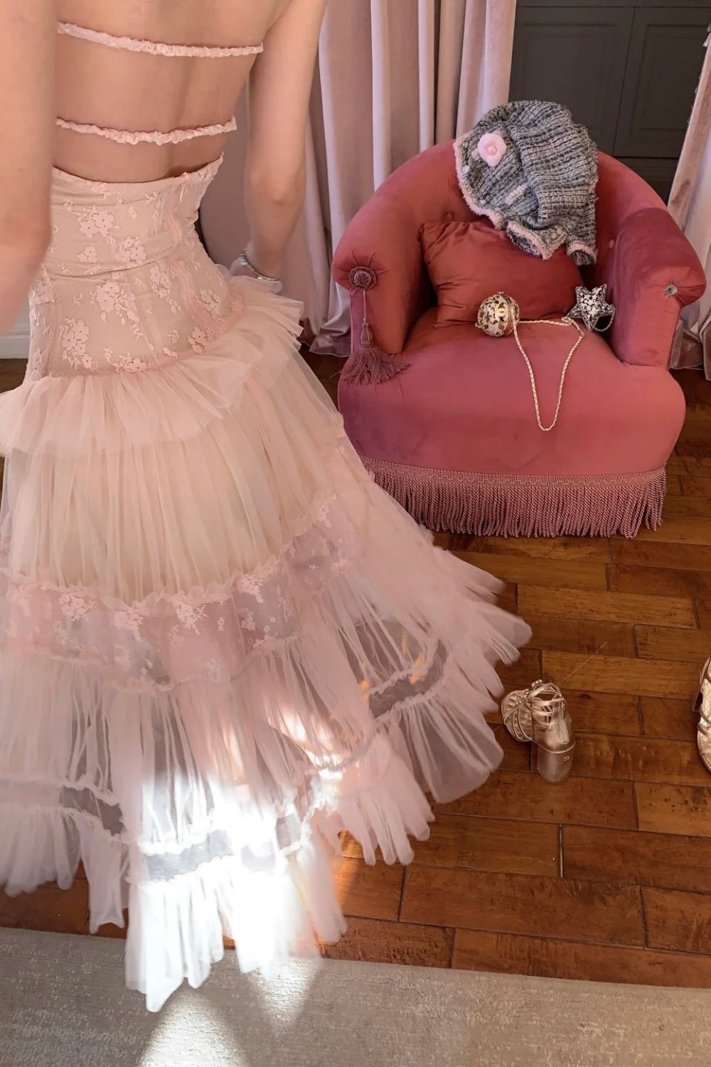 Robe de soirée longue en mousseline rose NV6745