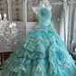Robe de bal bustier Mint Enchantment à fleurs 3D perlées, traîne à volants superposés NV6845
