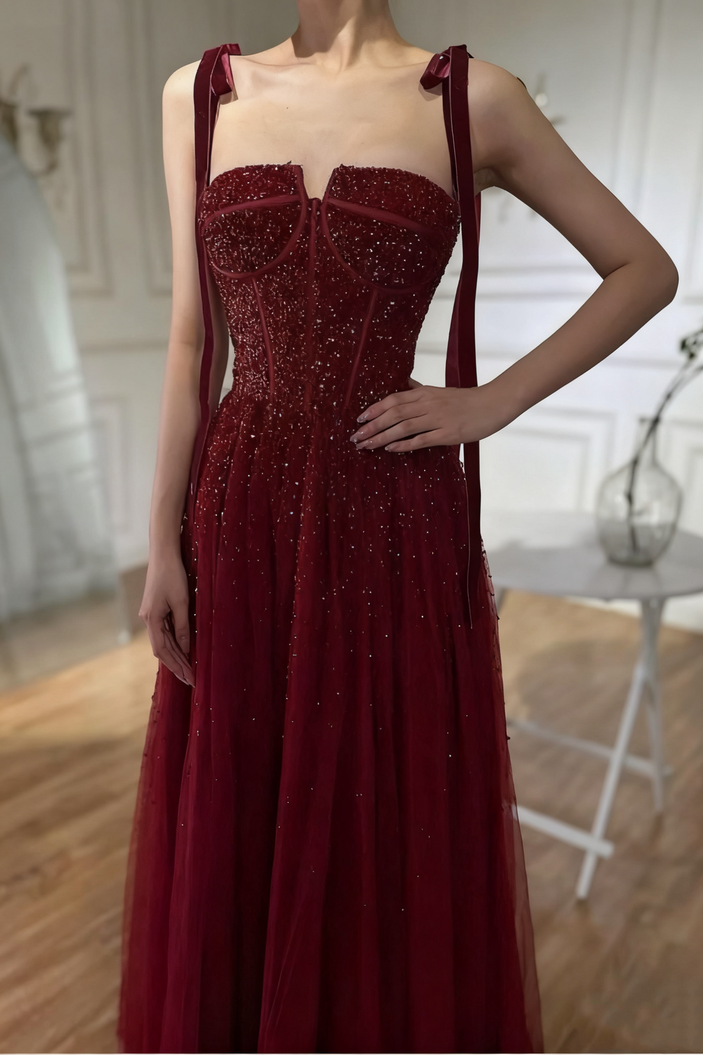 NiceVestidos--Burgundy Tulle Exquisite Sequins Sparkling Long Prom Dress Ball Gown NV5841