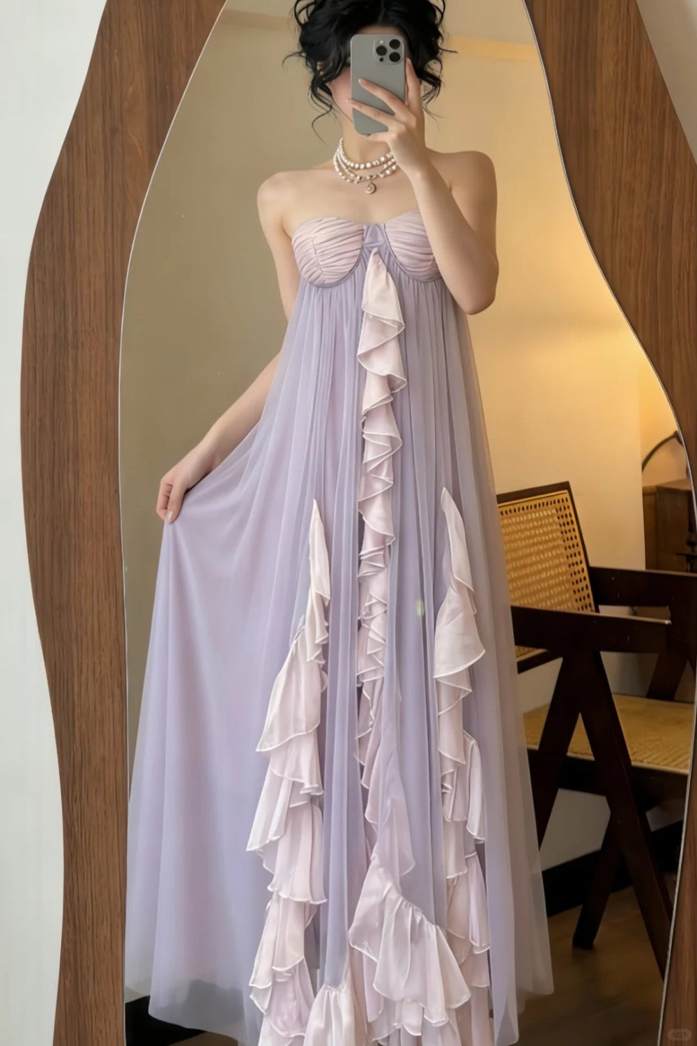 Robe de soirée longue bustier à volants en mousseline rose lavande ombrée NV6556