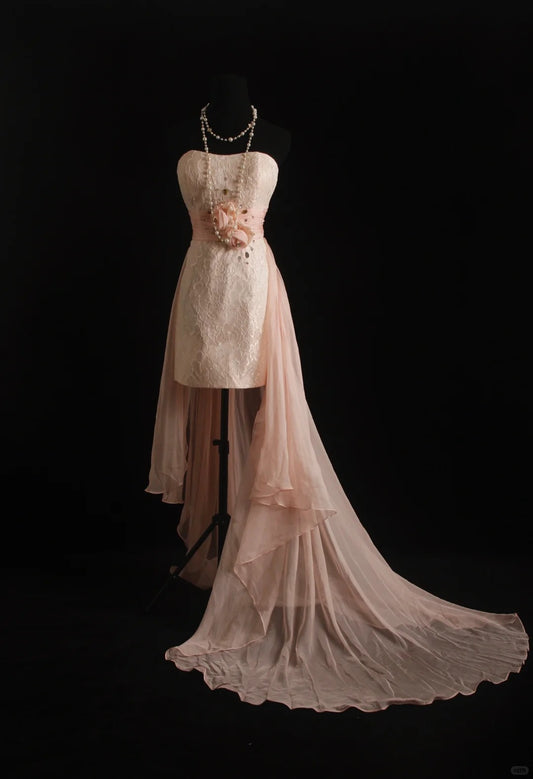 Pink lace tube top short front long back prom dress evening dress homecoming dress birthday dress nv4789