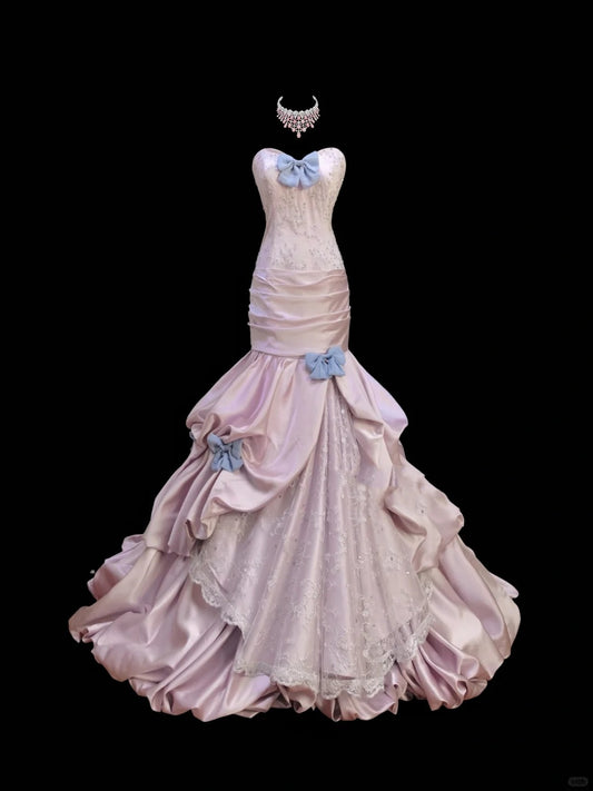 Pink Sweet Lace Bow Long Tulle Satin Princess Ball Gown Evening Dress Party Dress Adult Ceremony Dress Birthday Dress nv4199