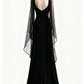 NiceVestidos - Robe longue en mousseline noire à manches longues et décolleté cœur NV6013