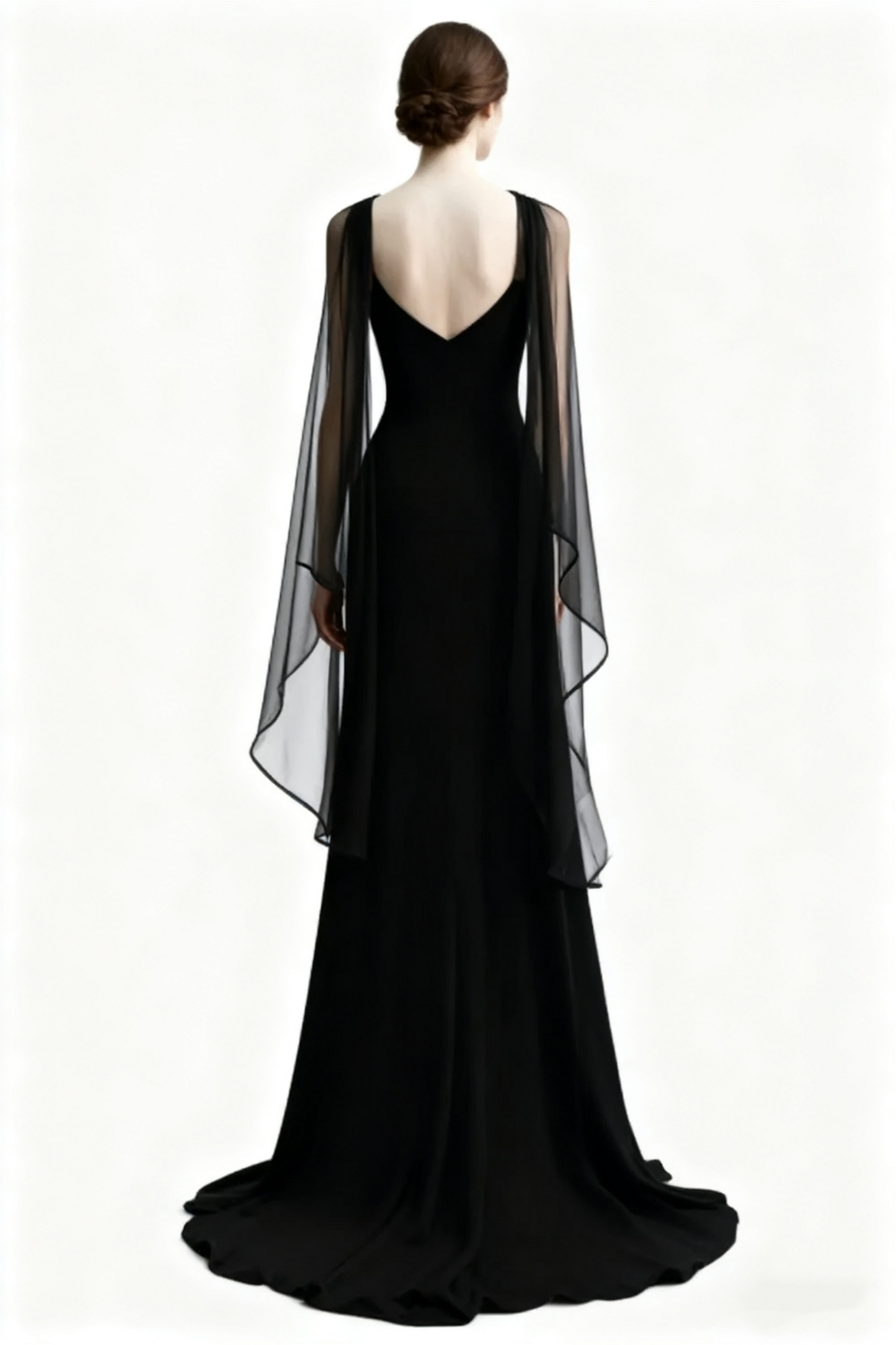 NiceVestidos - Robe longue en mousseline noire à manches longues et décolleté cœur NV6013