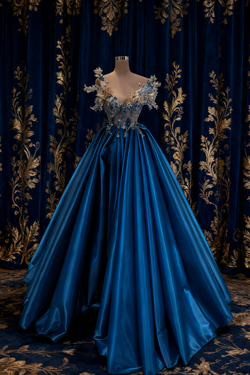 Robe de cour longue en satin bleu royal, décolleté en V profond, ornée de perles 3D (NV6221)