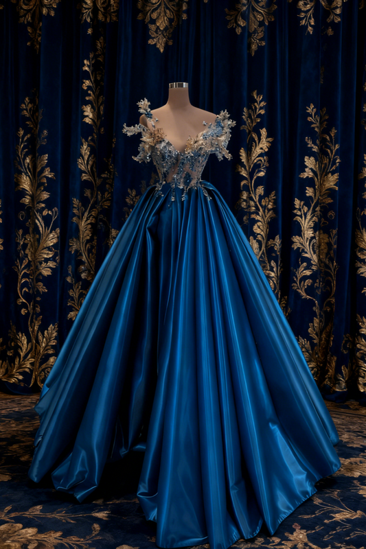 Robe de cour longue en satin bleu royal, décolleté en V profond, ornée de perles 3D (NV6221)