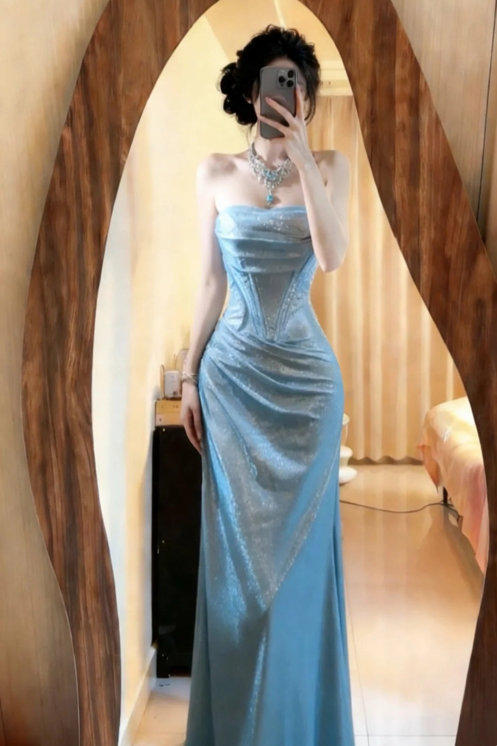 Robe de bal longue en satin bleu NV6666