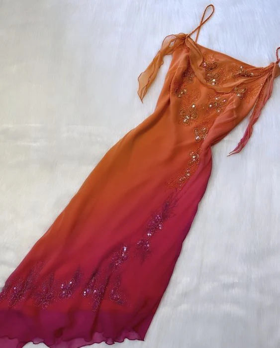 Orange Fashion Gradient Gorgeous Spaghetti Strap Beaded Long Chiffon Ball Gown Evening Dress Party Dress nv3664