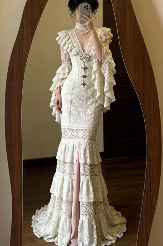 Robe de soirée sirène victorienne en dentelle crème avec corset et manches à volants NV6558