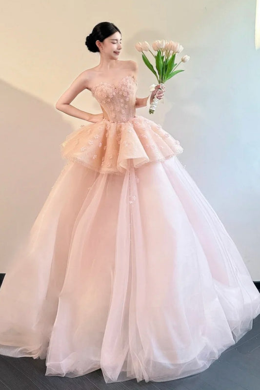 Robe de bal longue en mousseline rose brillante à fleurs, robe de princesse NV6741