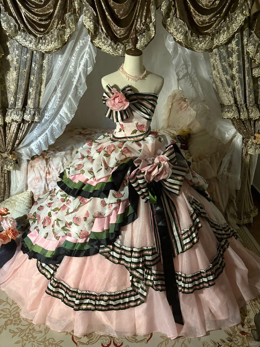 Pink Floral Princess Tulle Floor-Length Ball Gown nv5173