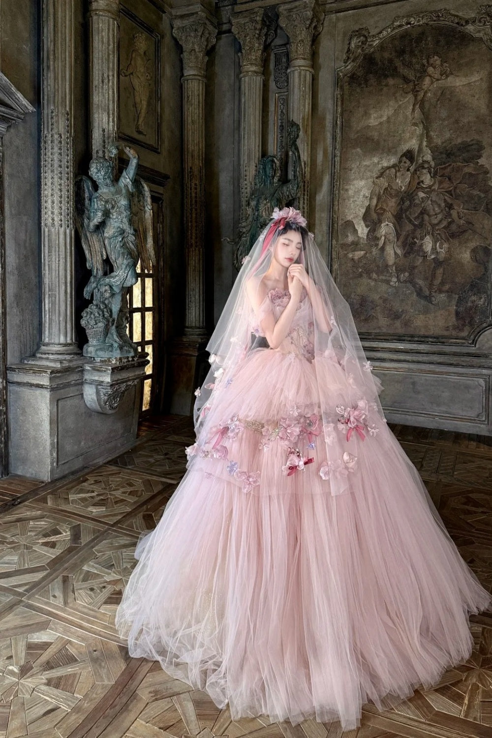 Robe de bal longue en tulle rose à fleurs NV6654