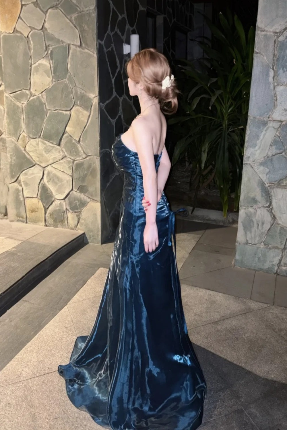 Strapless Liquid Satin Deep Blue Mermaid Gown Back Lace-up Formal Evening Dress  NV6880