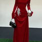 Robe longue rouge en velours à manches évasées - Robe de soirée asymétrique ornée de cristaux NV6797