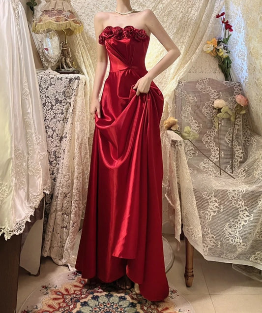 Red delicate floral long elegant satin ball gown evening dress nv4317