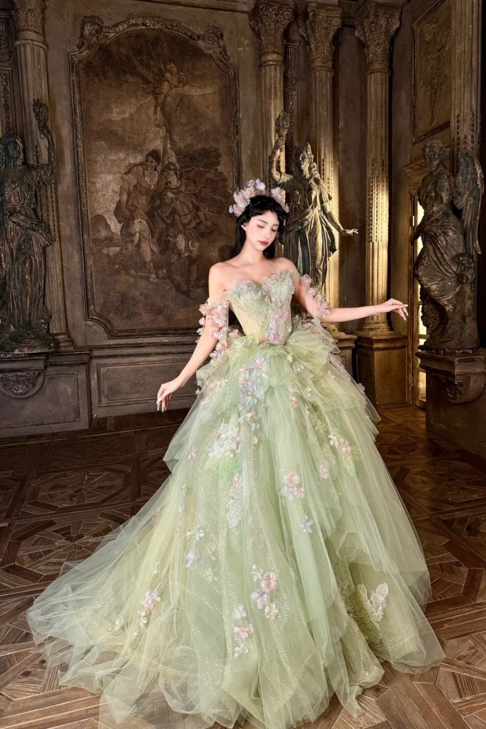 Robe de bal longue en tulle vert, somptueuse et délicate à motifs floraux NV6642