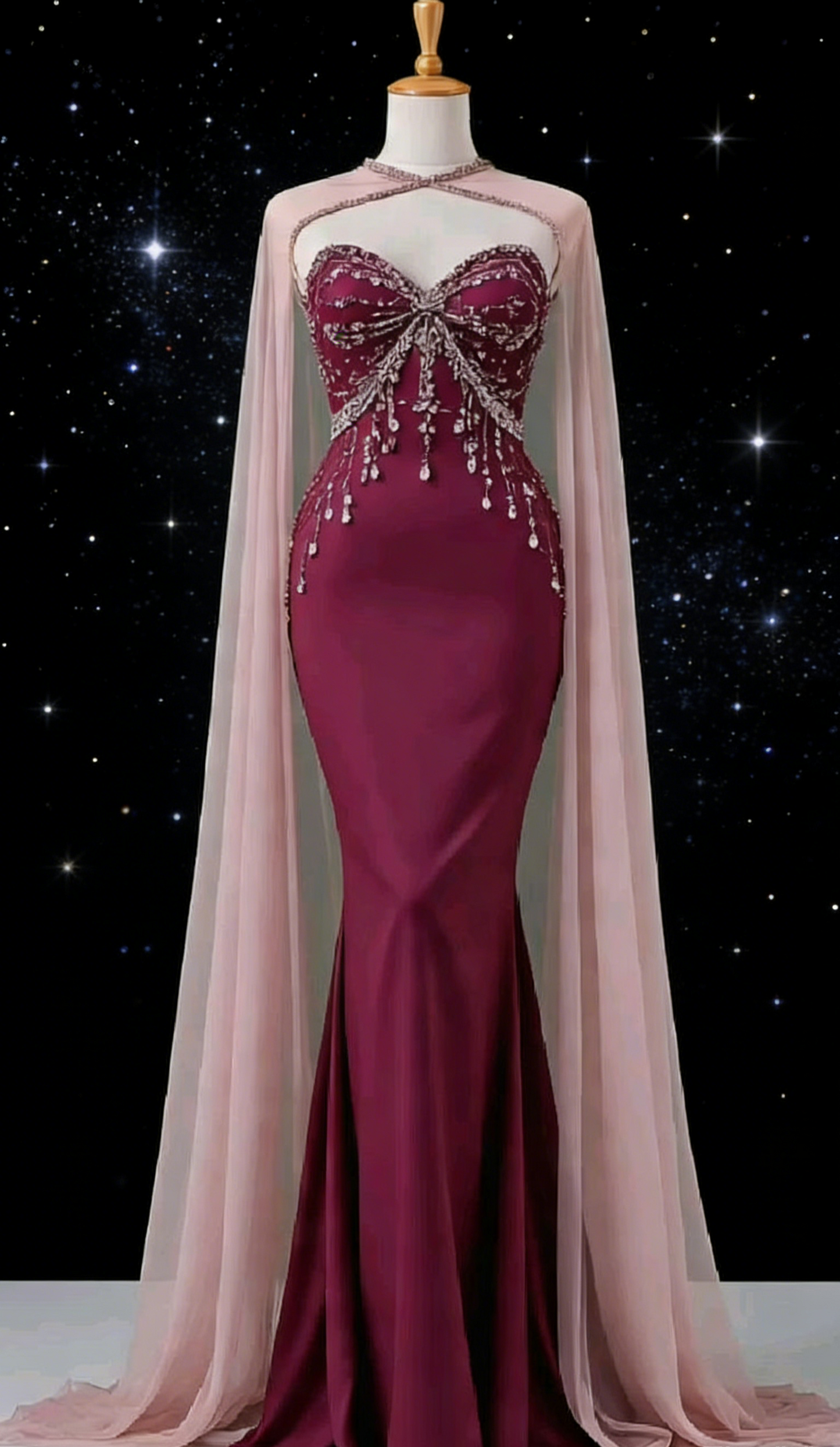 Robe longue bordeaux bustier à perles - Cape et nœud papillon - Robe sirène maxi pour soirée/tapis rouge/fête à thème NV6820
