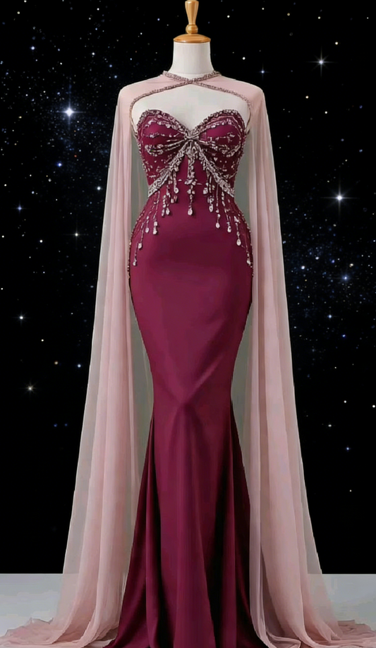 Robe longue bordeaux bustier à perles - Cape et nœud papillon - Robe sirène maxi pour soirée/tapis rouge/fête à thème NV6820