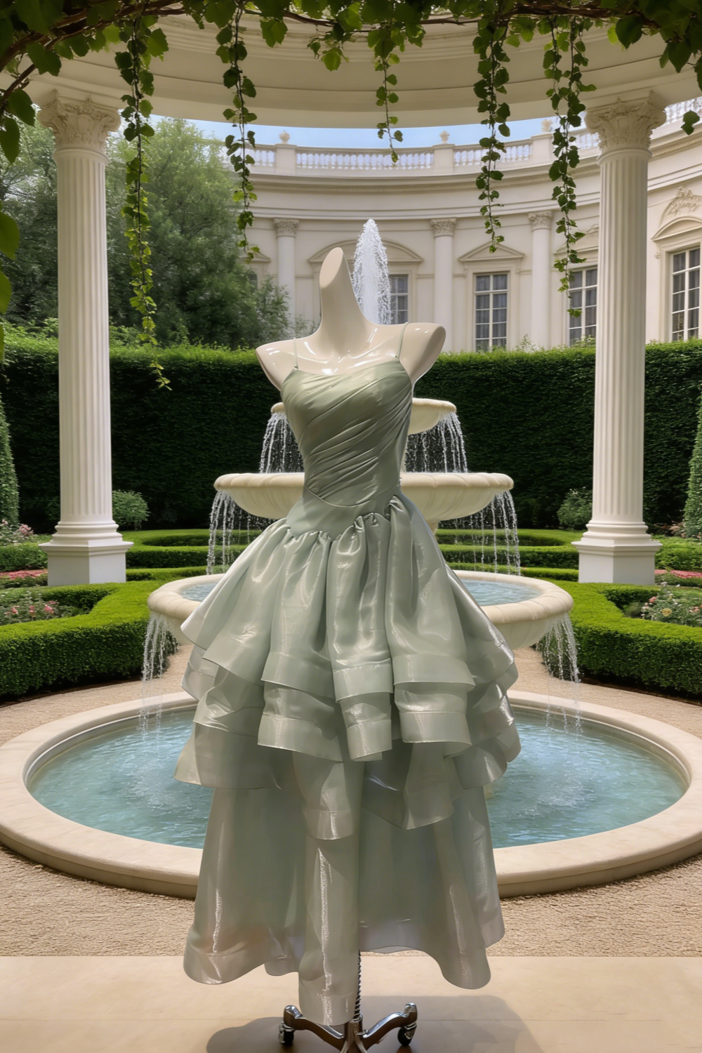 Robe de soirée en organza vert menthe scintillant à fines bretelles spaghetti - Robe asymétrique vaporeuse à volants NV6785