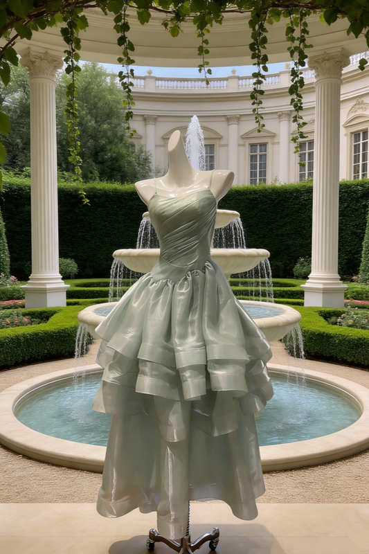 Robe de soirée en organza vert menthe scintillant à fines bretelles spaghetti - Robe asymétrique vaporeuse à volants NV6785