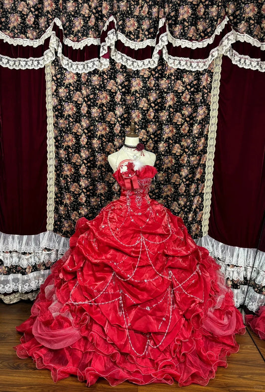 Red floral beaded princess long satin ball gown evening dress quinceanera dress nv4650