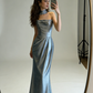 Robe longue sirène bleu argenté à col bénitier et dos nu - Corset noué NV6822