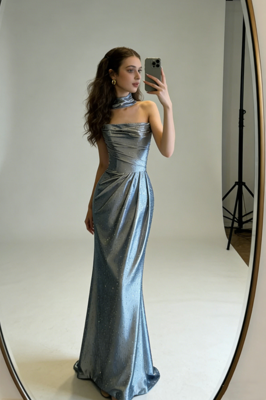 Robe longue sirène bleu argenté à col bénitier et dos nu - Corset noué NV6822