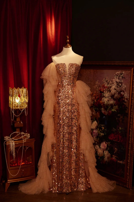 Robe longue de soirée dorée luxueuse, somptueuse et exquise NV6538