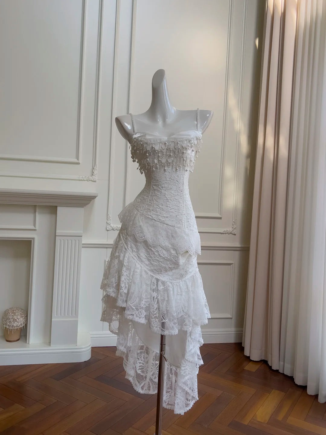 White Sweet Lace Pearl Beads Stylish Elegant Long Chiffon Homecoming Dress Prom Dress Evening Dress Birthday Dress Party Dress nv4139