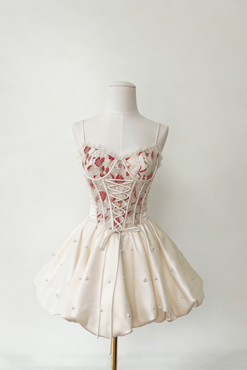 Red & White Contrast Lace Lace-Up Puff Dress - Gentle Style Birthday Party Gown  NV6788