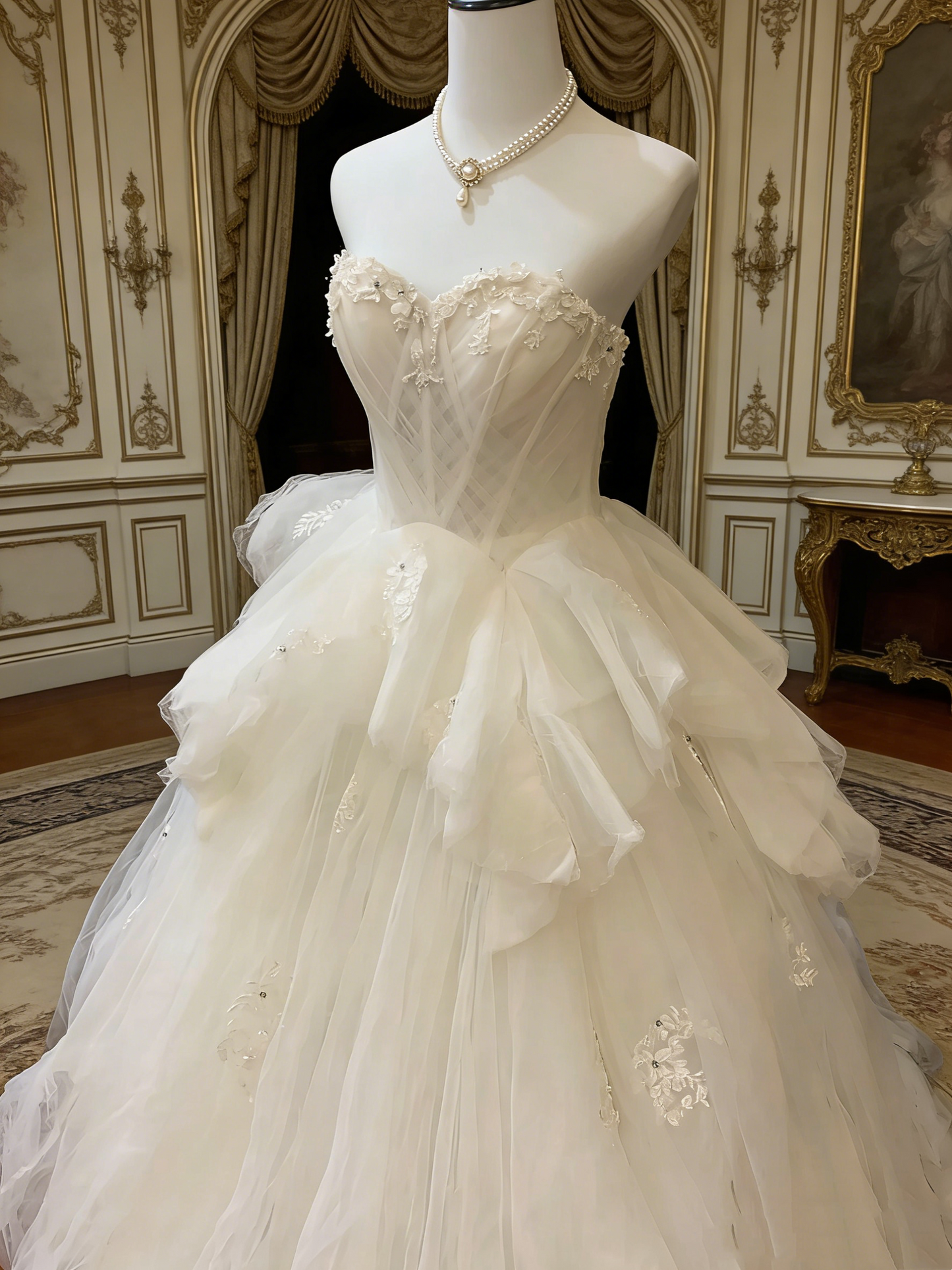 White Strapless Beaded Wedding Gown - Layered Train Ballgown Wedding/Engagement Dinner/Evening Maxi Dress NV6819