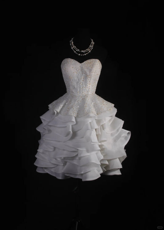 White Gorgeous Delicate Beaded Short Tulle Homecoming Gown Princess Prom Dress Evening Gown Wedding Dress nv4126