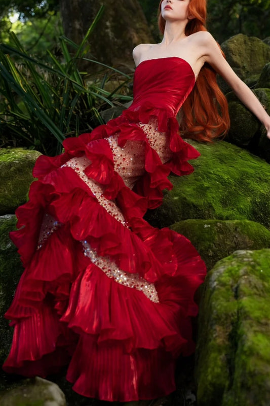Robe de soirée longue rouge somptueuse en satin brillant, style rétro élégant NV6740