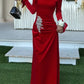 Robe longue rouge en velours à manches évasées - Robe de soirée asymétrique ornée de cristaux NV6797