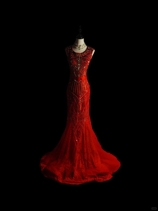 Red luxury gorgeous retro fashion elegant exquisite gemstone beaded long tulle floor-length tail prom dress evening dress hand-made custom heavy industry dress nv3941