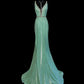Mint Green Fashion Elegant V-neck Long Mermaid Slim Fishtail Skirt Satin Floor Length Train Ball Gown Evening Gown Party Dress Prom Dress nv3861