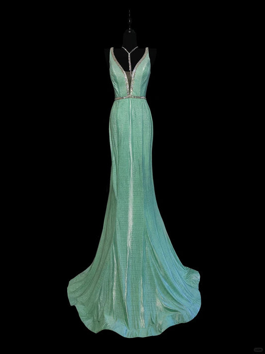 Mint Green Fashion Elegant V-neck Long Mermaid Slim Fishtail Skirt Satin Floor Length Train Ball Gown Evening Gown Party Dress Prom Dress nv3861