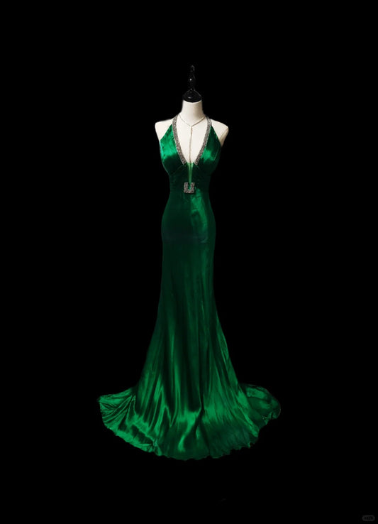 Green Gorgeous Vintage Exquisite Gem Beaded Long satin Mermaid Slim Floor Length Satin Ball Gown Evening Gown Party Dress nv3945