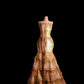 Golden Gorgeous Exquisite Lace Spaghetti Straps Long Tulle Floor Length Train Ball Dress Evening Dress Prom Dress nv3901