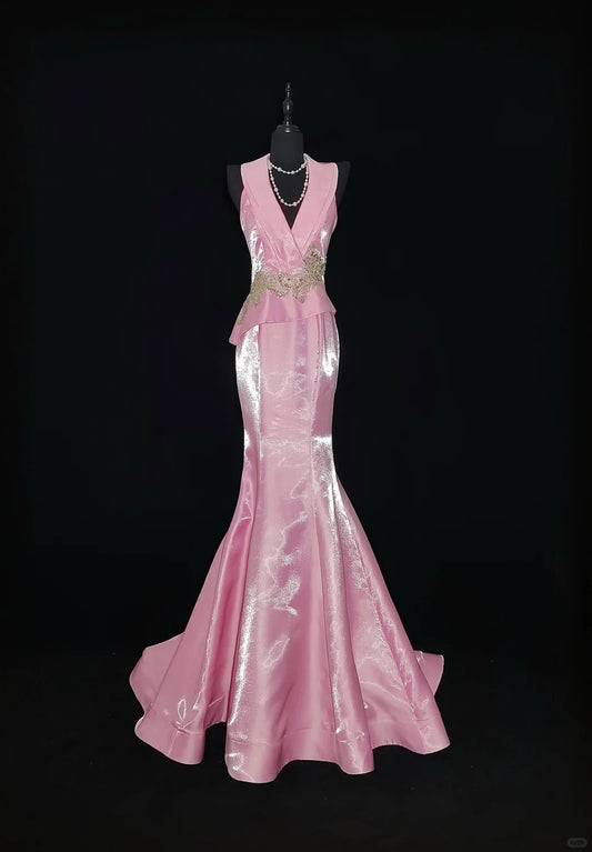 Pink Elegant Fashion Exquisite Beading Long Satin Mermaid Slim Floor Length Train Ball Gown Evening Dress Prom Dress nv3870