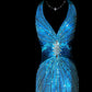 Blue shiny luxury gorgeous vintage elegant exquisite beaded backless long mermaid floor length trailing satin ball gown evening dress party dress prom dress nv3966
