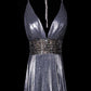 Moonlight Silver Fashion Elegant V-neck Exquisite Beading Long Satin Floor Length Train Ball Gown Evening Gown Prom Gown Party Dress nv3868
