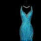 Blue Shiny Fashion Elegant V-neck Floral Long Mermaid Slim Fishtail Skirt Satin Floor Length Train Ball Gown Evening Gown Party Dress Prom Dress nv3862
