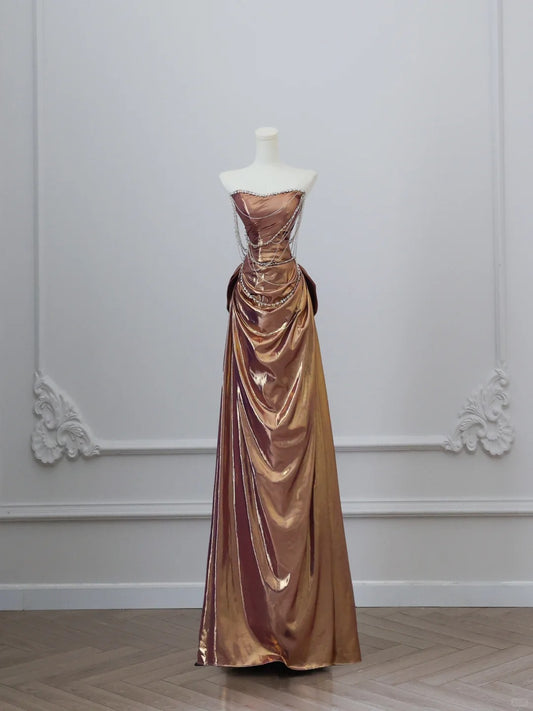 Gold Beaded Gorgeous Mermaid Elegant Long Satin Ball Gown Evening Dress Graduation Dress nv4338